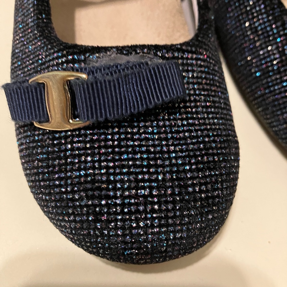 Iridescent Navy Blue Girls Ballet Flats Kids Shoes with Bow Accent Shiny - Picture 3 of 4